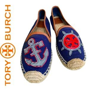 TORY BURCH SAILOR MARITIME PREPPY  ANCHOR NAUTICAL JUTE LEATHER ESPADRILLES 7.5